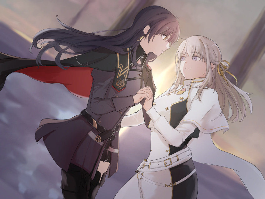 2girls, black_cape, black_footwear, black_hair, black_jacket, black_skirt, blurry, blurry_background