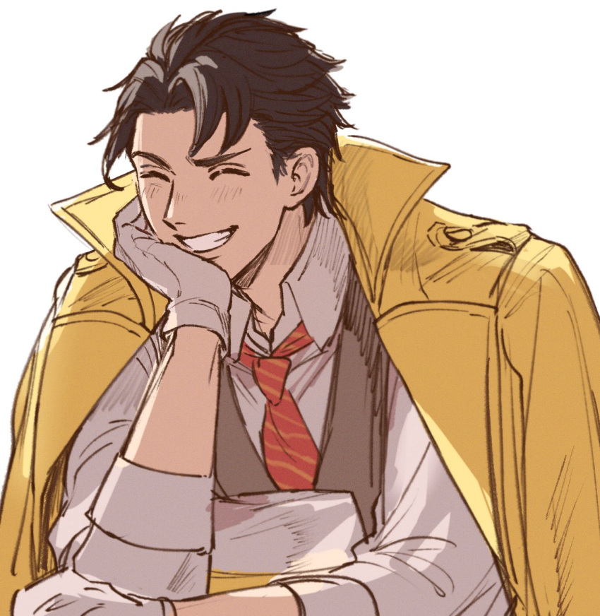 1boy, anonatsutods, arm_up, black_vest, blush, brown_hair, closed_eyes, collared_jacket
