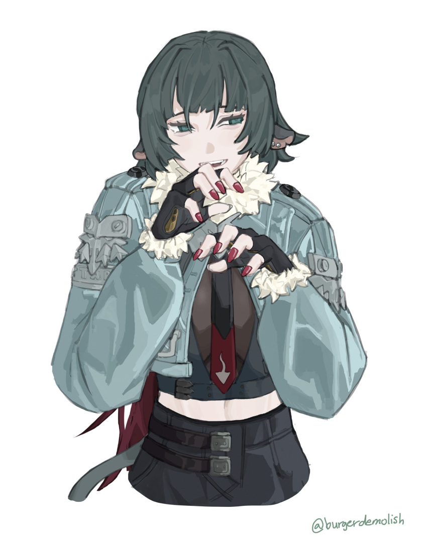1girl, animal_ears, black_gloves, black_shirt, black_shorts, blue_jacket, commentary, ear_piercing