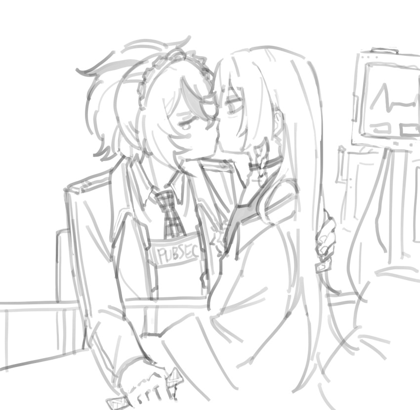 2girls, braid, cardiogram, choker, closed_eyes, collared_shirt, commentary, hand_on_another's_back