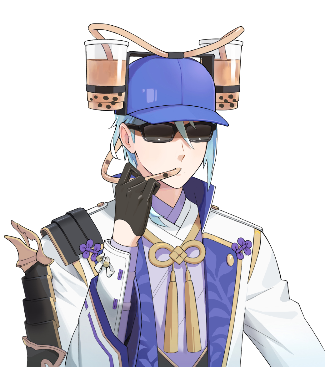 1boy, agemaki_knot, armor, asymmetrical_armor, asymmetrical_hair, baseball_cap, beer_hat, black_armor
