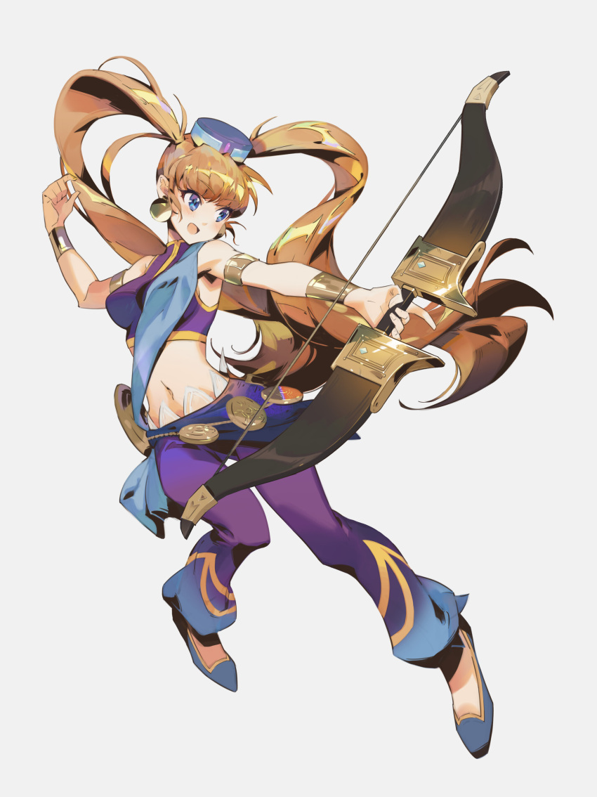 absurdres, aisha_sari_edonas, bare_shoulders, blonde_hair, blue_eyes, bow_(weapon), earrings, fighting_stance