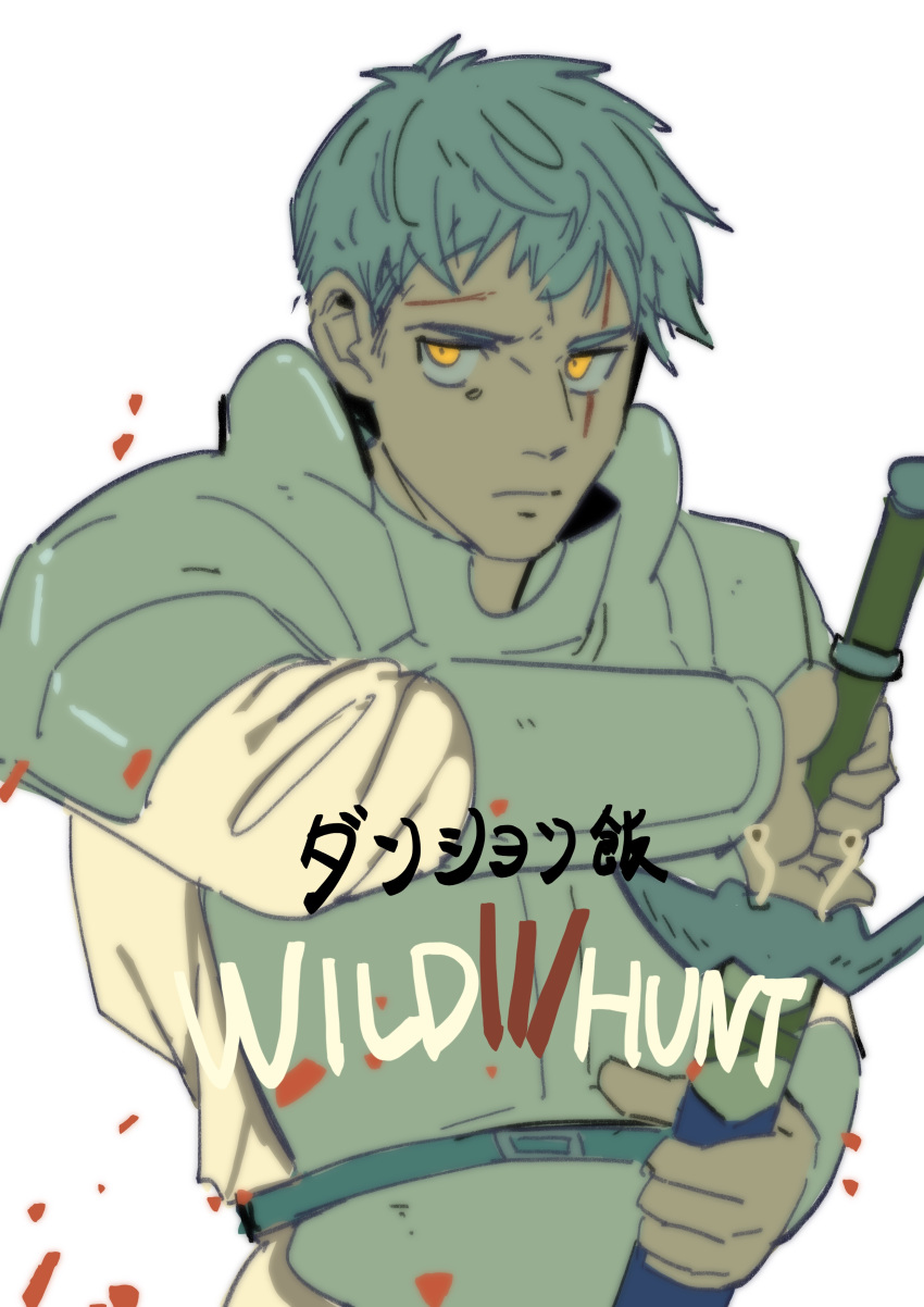 1boy, absurdres, armor, blonde_hair, closed_mouth, dungeon_meshi, highres, holding