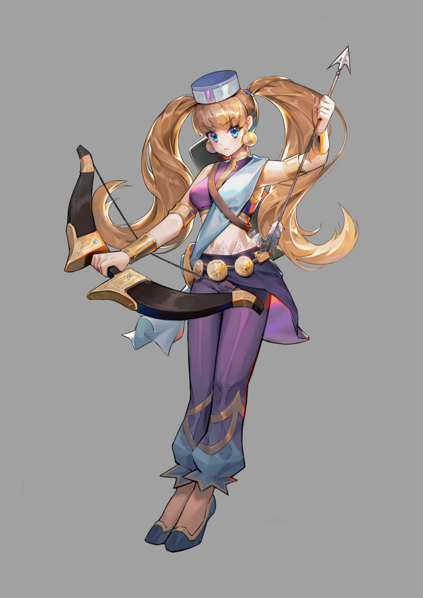 absurdres, aisha_sari_edonas, arrow_(projectile), bare_shoulders, blonde_hair, blue_eyes, bow_(weapon), earrings