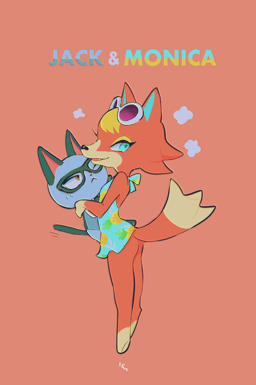 1boy, 1girl, ;<, animal_crossing, audie_(animal_crossing), black-framed_eyewear, blue_dress, blue_eyes
