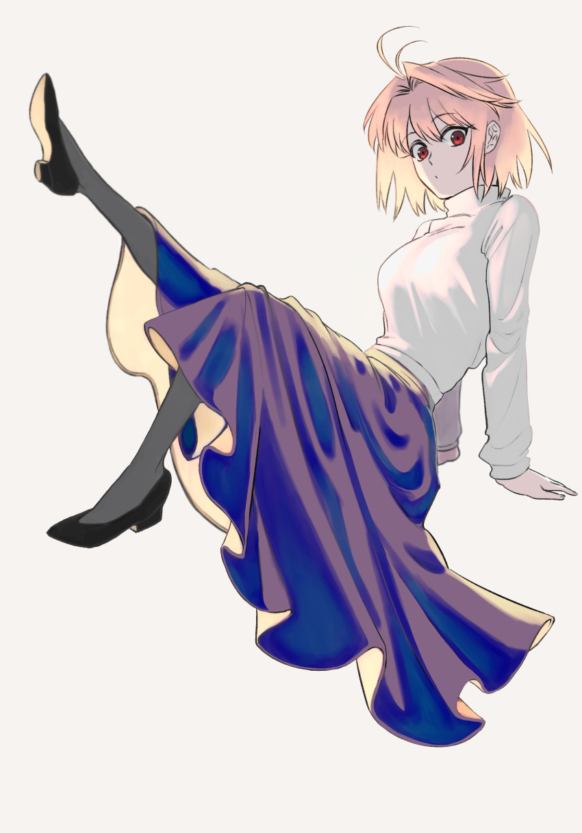 1girl, antenna_hair, arcueid_brunestud, black_footwear, black_pantyhose, blonde_hair, closed_mouth, commentary_request