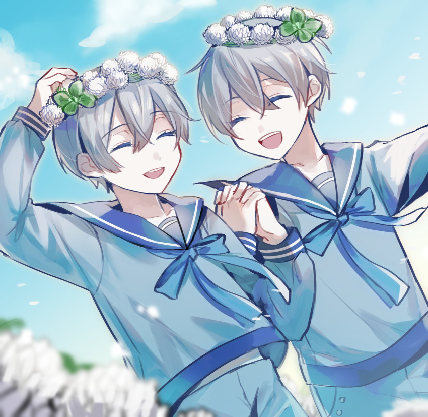2boys, aged_down, bishounen, blue_eyes, blue_hair, blue_sailor_collar, blue_shirt, blue_shorts, ciel_phantomhive, ciel_phantomhive's_brother, closed_eyes, clouds, clover, collarbone, dlynn1105, flower, hair_between_eyes, hand_on_own_head, head_wreath, highres, holding_hands, kuroshitsuji, male_focus, multiple_boys, open_mouth, sailor_collar, shirt, short_hair, shorts, sky, teeth, upper_teeth_only, white_flower