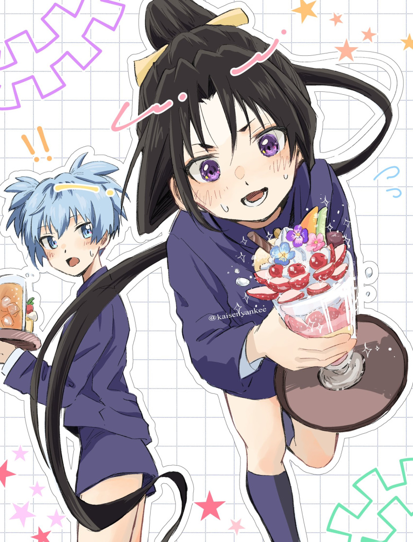 !, !!, 2boys, ansatsu_kyoushitsu, black_hair, black_jacket, black_shorts, black_socks