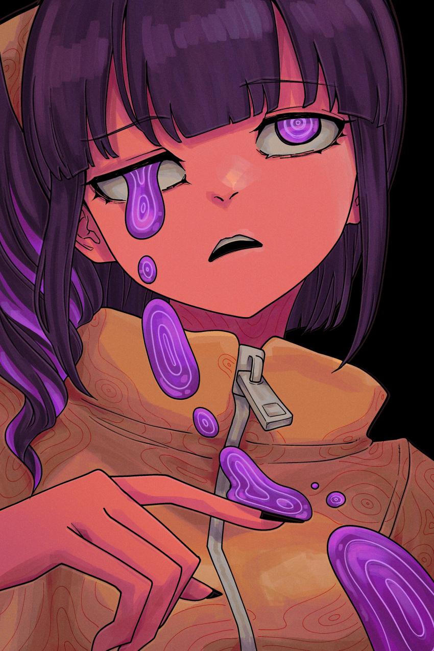 1girl, absurdres, black_background, black_nails, blunt_bangs, commentary, dripping_eye, highres