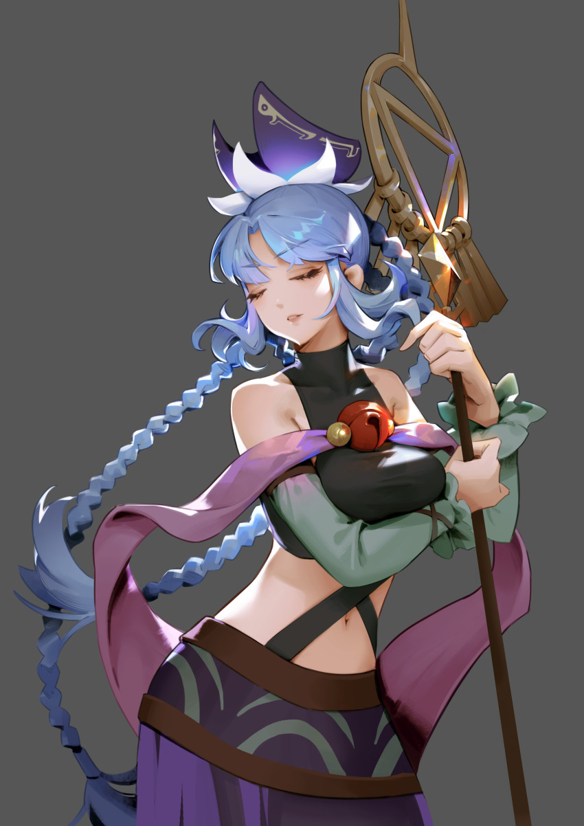 1girl, absurdres, bare_shoulders, bell, black_bra, blue_hair, bra, braid, closed_eyes, detached_sleeves, green_sleeves, grey_background, highres, holding, holding_staff, mage_staff, midriff, midriff_peek, multicolored_hair, navel, official_art, purple_skirt, simple_background, skirt, solo, song26929, staff, streaked_hair, twin_braids, twintails, underwear, ys, ys_altago