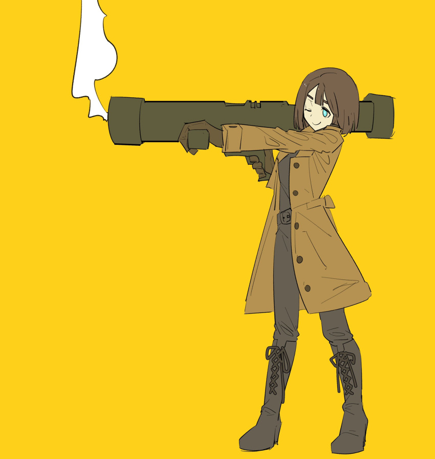 1girl, blue_eyes, boots, brown_coat, brown_hair, closed_mouth, coat, cross-laced_footwear