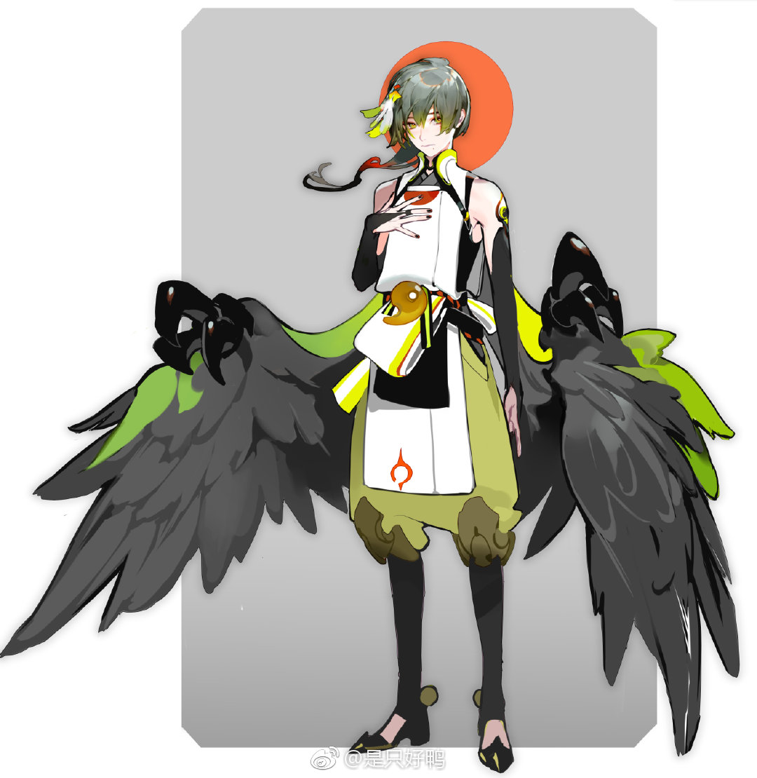 1boy, bare_shoulders, bird_wings, black_bridal_gauntlets, black_footwear, black_kimono, black_leggings, black_nails, black_wings, border, bridal_gauntlets, character_request, chinese_commentary, circle, claws, closed_mouth, colored_tips, commentary_request, copyright_request, expressionless, feather_hair_ornament, feathered_wings, feathers, floating_hair, full_body, green_eyes, green_hair, green_pants, grey_background, grey_hair, hair_between_eyes, hair_ornament, hand_on_own_chest, haoya_shitang, japanese_clothes, kariginu, kimono, leggings, long_hair, low_ponytail, magatama, male-female_symbol, mole, mole_under_mouth, multicolored_hair, nail_polish, outside_border, pants, puffy_pants, shoes, short_kimono, sleeveless, sleeveless_kimono, solo, standing, weibo_watermark, white_border, wings
