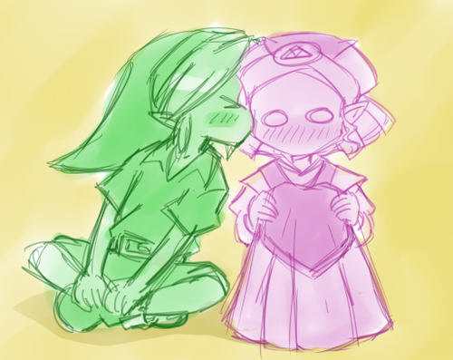 >_<, 1boy, 1girl, ask-young-link, blush, boots, child, child_on_child, color_coordination, commentary, dress, hat, headdress, hetero, indian_style, kiss, kissing_cheek, knees_to_chest, link, long_dress, lowres, no_mouth, pointy_ears, princess_zelda, sitting, sketch, solid_oval_eyes, the_legend_of_zelda, the_legend_of_zelda:_ocarina_of_time, tunic, yellow_background, young_link, young_zelda