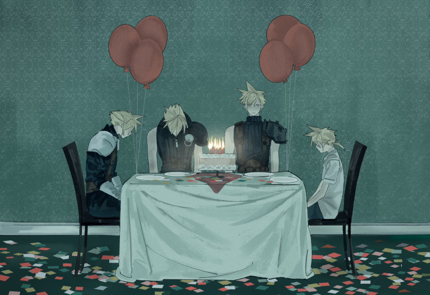 age_comparison, armor, balloon, birthday, birthday_cake, black_pants, black_suspenders, blonde_hair, blue_eyes, blue_shirt, cake, candle, chair, chest_harness, child, closed_mouth, cloud_strife, commentary, depressed, dual_persona, elbow_gloves, empty_eyes, final_fantasy, final_fantasy_vii, final_fantasy_vii_advent_children, fire, food, gloves, hair_between_eyes, hands_on_lap, harness, head_down, highres, lentymet, looking_ahead, male_focus, pants, ponytail, shirt, short_ponytail, short_sleeves, shoulder_armor, single_bare_shoulder, sitting, sleeveless, sleeveless_shirt, spiky_hair, suspenders, symbol-only_commentary, table, tablecloth, time_paradox, turtleneck, wallpaper_(object), white_gloves, white_shirt, zipper_pull_tab
