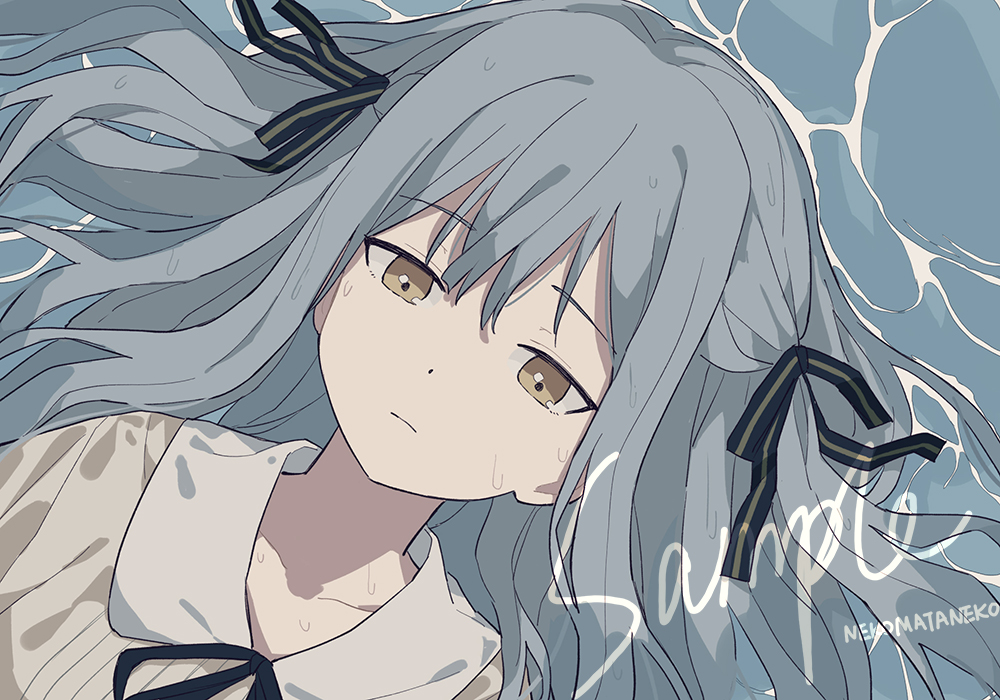 1girl, artist_name, bang_dream!, bang_dream!_it's_mygo!!!!!, black_ribbon, blue_bow, blue_hair, bow, chinese_commentary, coldcat., collarbone, collared_shirt, commentary_request, dot_nose, expressionless, floating_on_back, hair_bow, hair_spread_out, light_frown, long_hair, looking_at_viewer, lying, on_back, ribbon, sample_watermark, shirt, single_stripe, solo, striped_bow, upper_body, very_long_hair, wakaba_mutsumi, watermark, wet, white_shirt, yellow_eyes