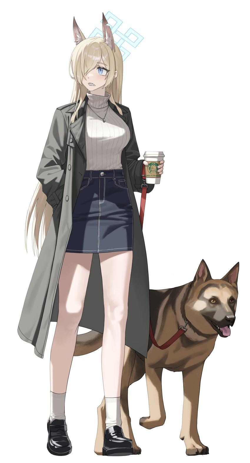 1girl, absurdres, alfie_(tmdals7645), animal_ear_fluff, animal_ears, black_footwear, blonde_hair, blue_archive, blue_eyes, blue_halo, blue_skirt, coat, coffee, cup, denim, denim_skirt, dog, dog_ears, dog_girl, full_body, german_shepherd, green_cat, hair_over_one_eye, halo, hand_in_pocket, highres, holding, holding_cup, jewelry, kanna_(blue_archive), leash, long_hair, necklace, red_leash, ring, ring_necklace, sharp_teeth, shirt, simple_background, skirt, sleeves_past_wrists, socks, solo, teeth, turtleneck, turtleneck_shirt, walking, walking_pet, white_background, white_shirt, white_socks