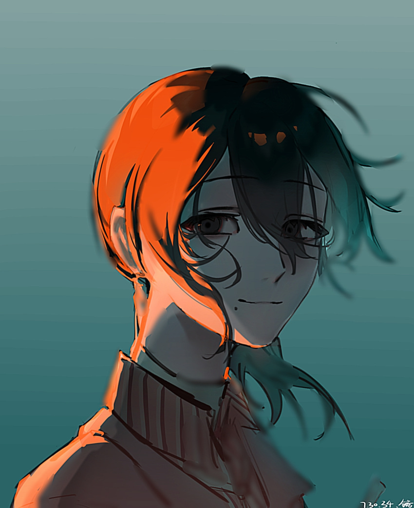 1boy, black_eyes, black_hair, blue_background, chinese_commentary, closed_mouth, commentary_request, dated