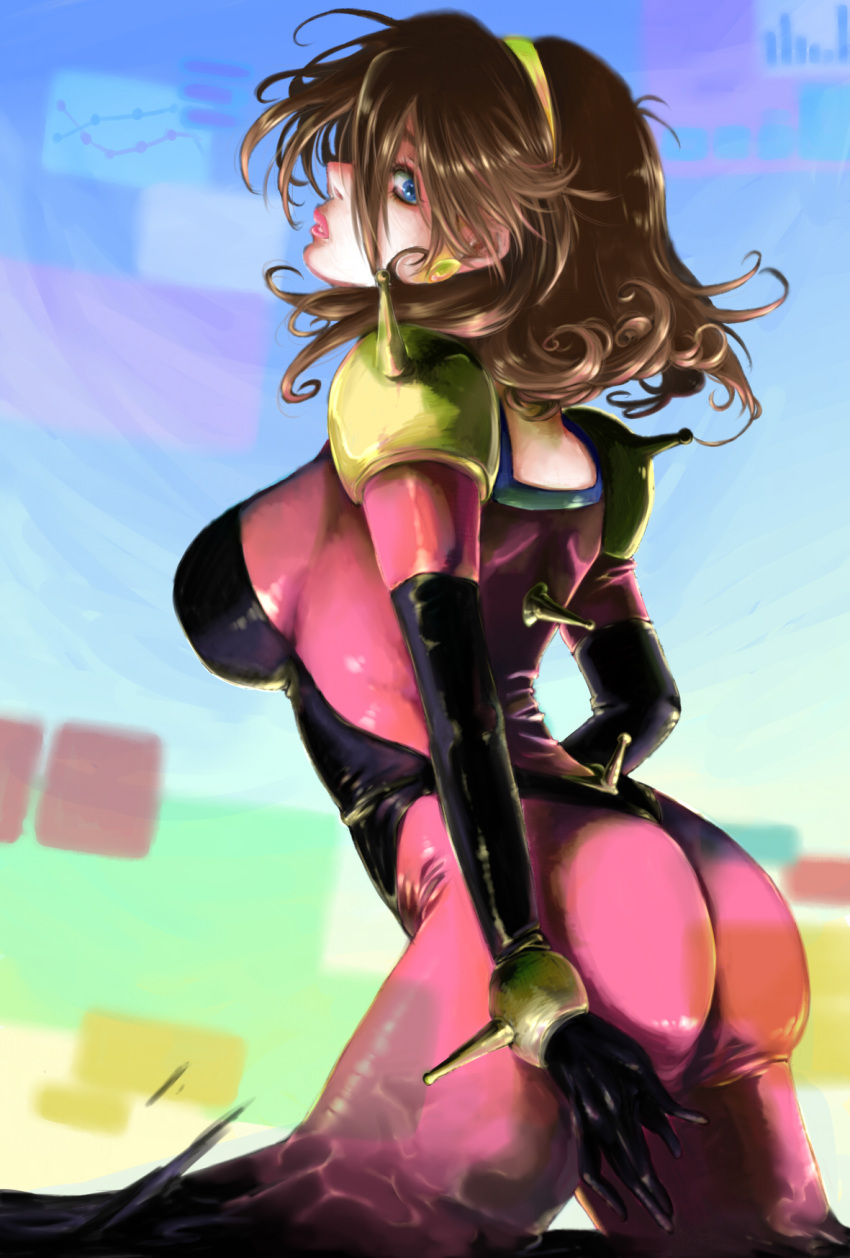 ass, blue_eyes, bodysuit, breasts, brown_hair, cockpit, earrings, from_behind
