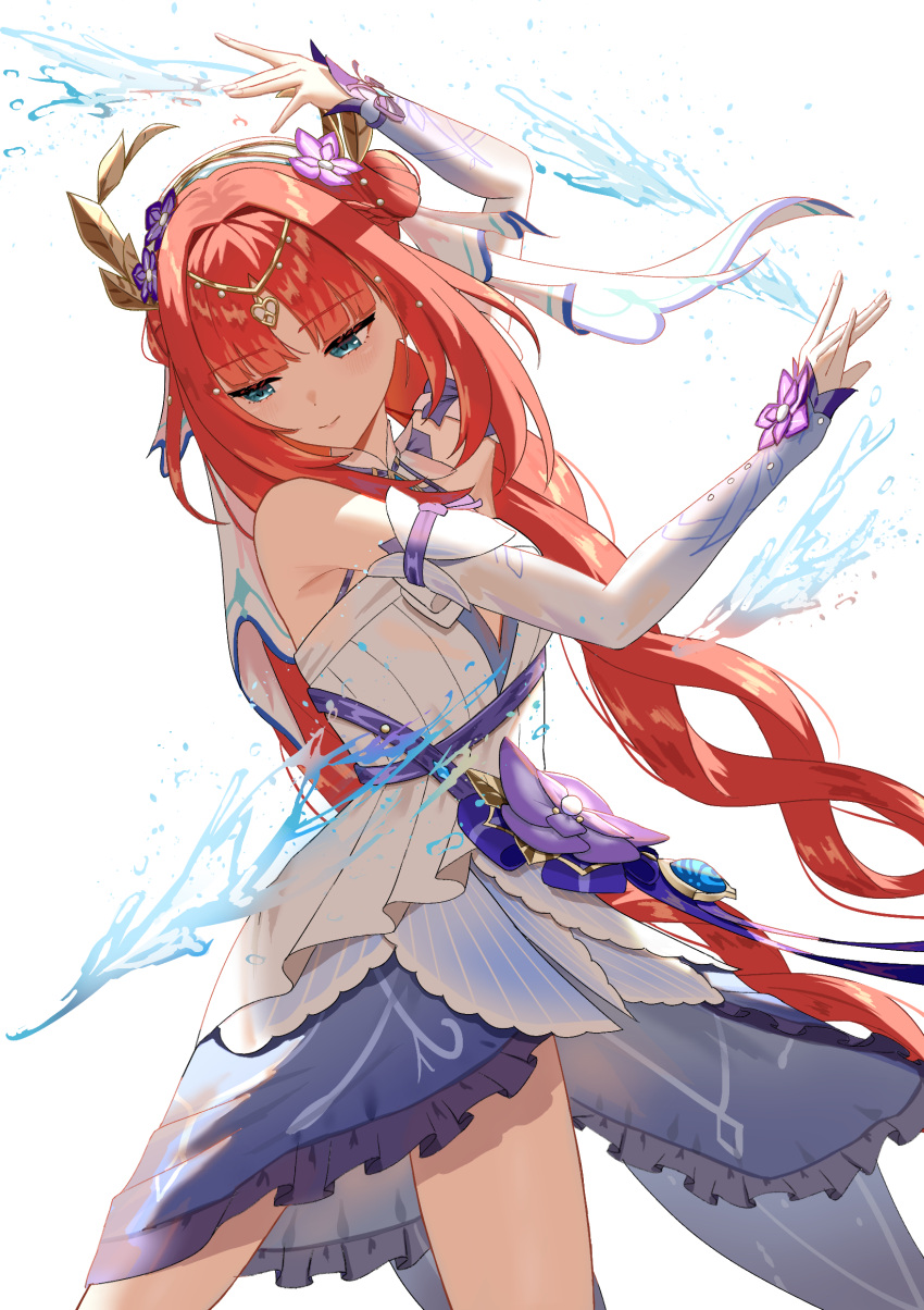 1girl, arm_up, blue_dress, bubble, closed_mouth, dancing, detached_sleeves, dress, dress_flower, floating_hair, flower, genshin_impact, green_eyes, hair_flower, hair_ornament, hand_up, highres, holding, holding_flower, long_hair, long_sleeves, looking_down, nilou_(breeze_of_sabaa)_(genshin_impact), nilou_(genshin_impact), oiro_ik, purple_flower, redhead, smile, solo, standing, vision_(genshin_impact), water, white_dress