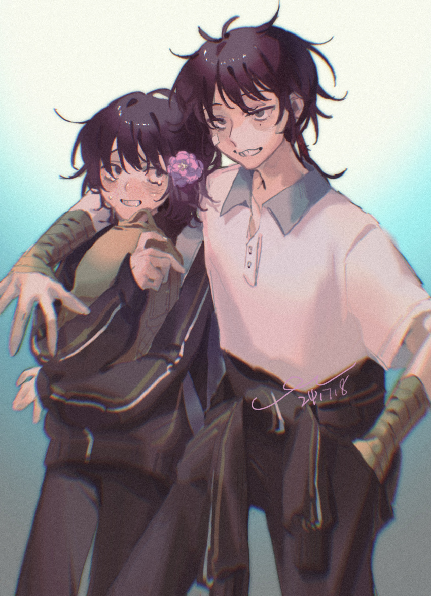 2boys, absurdres, arm_around_shoulder, bandage_on_face, bandaged_arm, bandages, black_hair, black_jacket, black_pants, chinese_commentary, commentary_request, crying, crying_with_eyes_open, eoo_(modali), fu_shun_(touqi_guaitan), gradient_background, grin, hand_in_pocket, height_difference, highres, jacket, male_focus, medium_hair, mole, mole_under_eye, multiple_boys, open_collar, pants, polo_shirt, shirt, smile, sweat, tears, touqi_guaitan, white_shirt, ziche_fuzhao