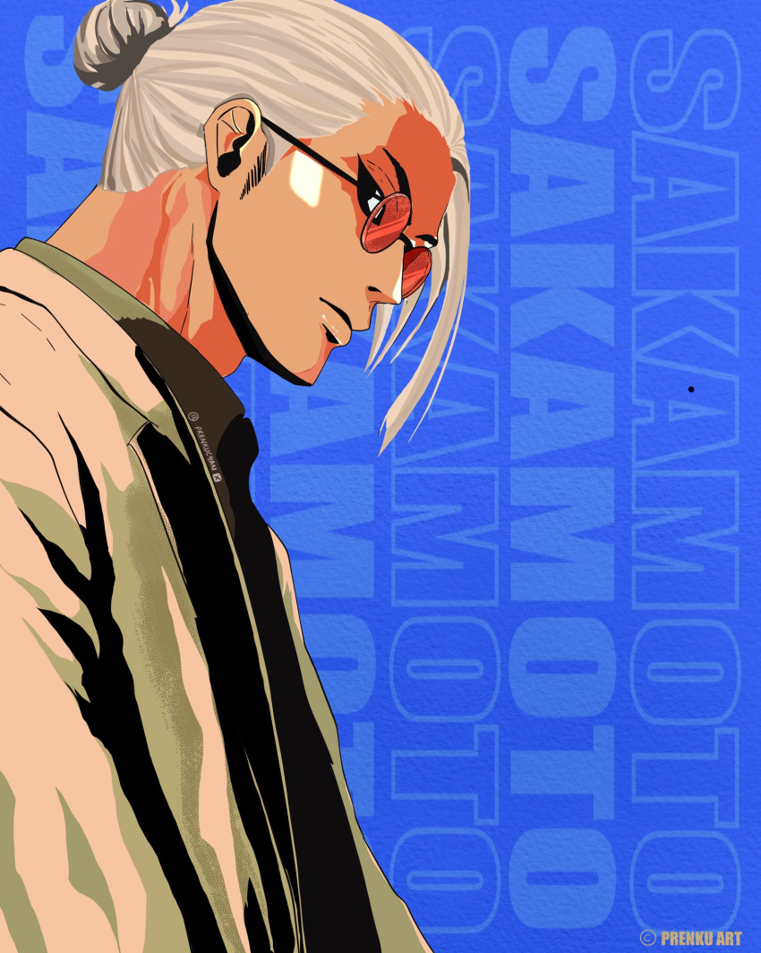 1boy, artist_name, black_eyes, blue_background, from_side, glasses, green_undershirt, grey_hair