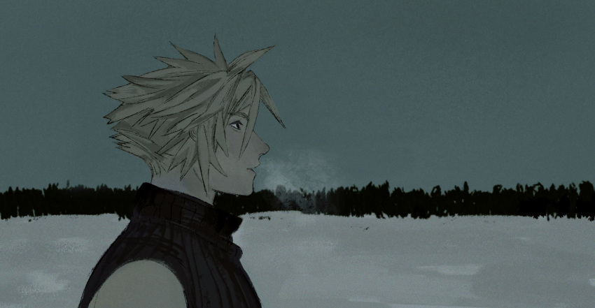 1boy, black_shirt, blonde_hair, breath, cloud_strife, commentary, english_commentary, final_fantasy, final_fantasy_vii, green_sky, hair_between_eyes, highres, lentymet, looking_ahead, male_focus, profile, shirt, sky, sleeveless, sleeveless_shirt, snow, solo, spiky_hair, turtleneck, upper_body