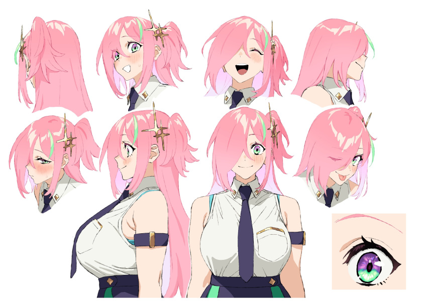 absurdres, blush, breasts, choker, collared_shirt, expressions, fingerless_gloves, fran_(plumeriafran), gloves, green_hair, hair_ornament, hair_over_one_eye, highres, large_breasts, long_hair, multicolored_hair, multiple_views, necktie, original, pink_hair, plumeriafran, reference_sheet, shirt, simple_background, smile, solo, streaked_hair, white_background