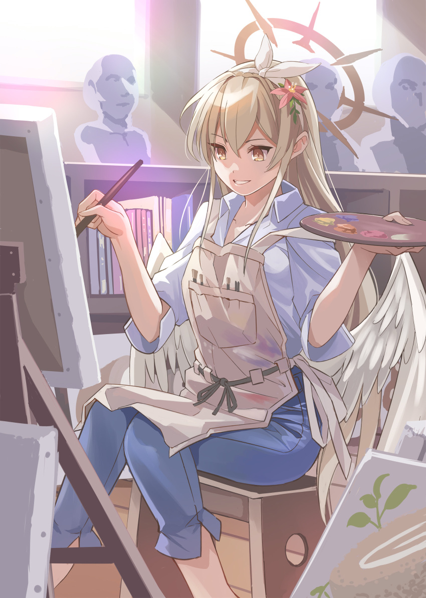 angel_wings, apron, blonde_hair, blue_archive, blue_pants, book, bookshelf, bow