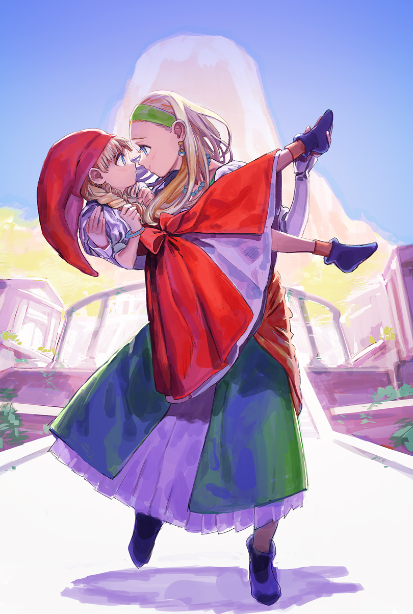 2girls, affectionate, backlighting, bead_necklace, beads, blonde_hair, blue_eyes, blue_sky