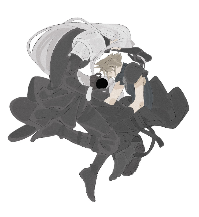 2boys, armor, belt, black_belt, black_coat, black_footwear, black_gloves, black_materia