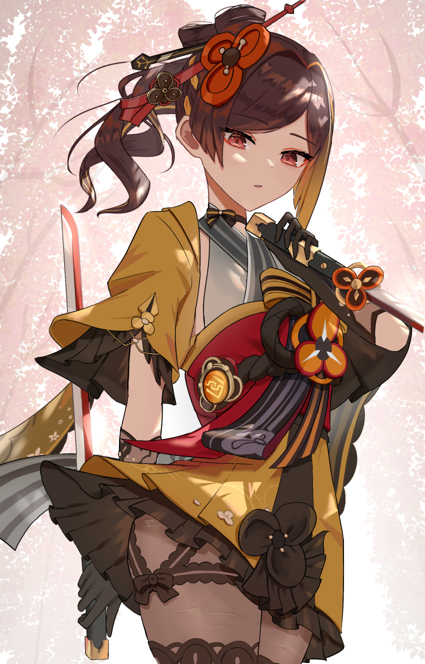 1girl, absurdres, arm_behind_back, black_gloves, blonde_hair, brown_hair, brown_pantyhose, chiori_(genshin_impact)