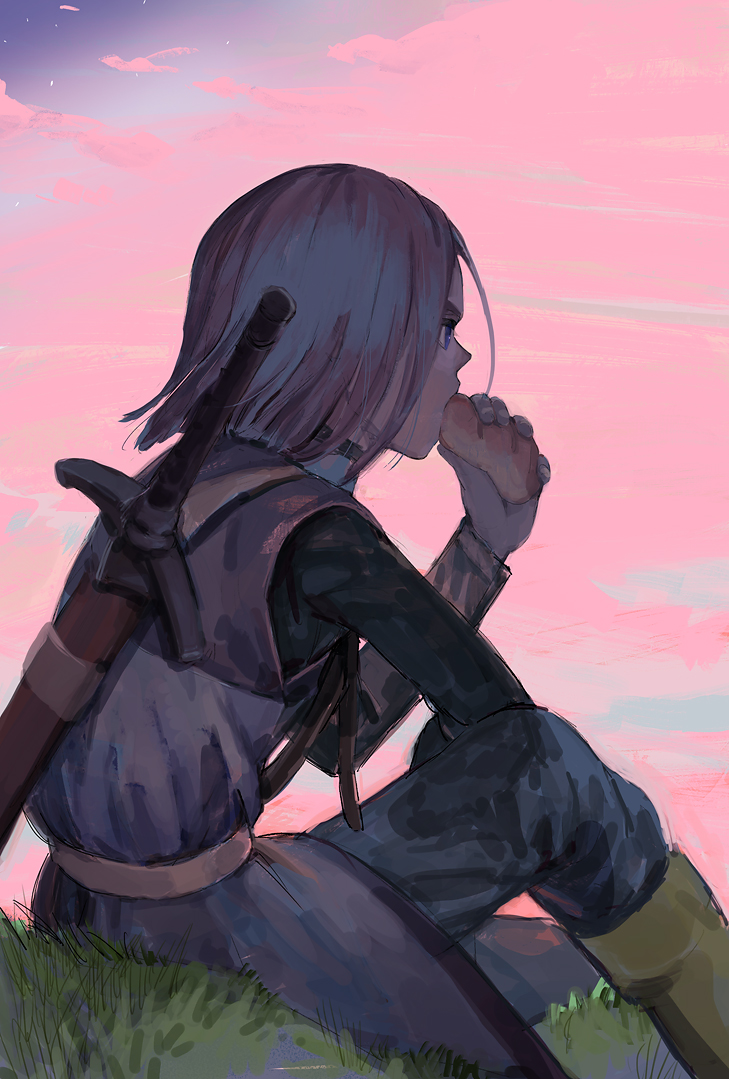 1boy, backlighting, boots, brown_hair, commentary_request, dragon_quest, dragon_quest_xi, eating