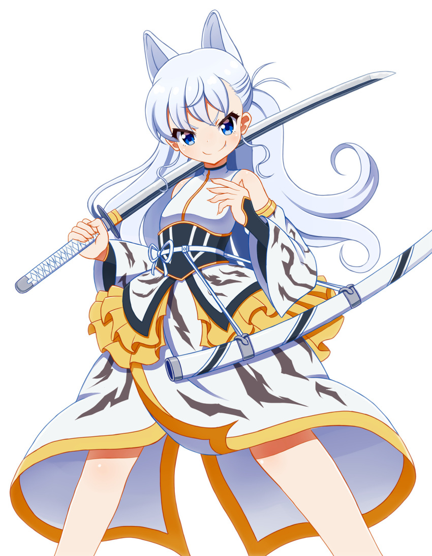 1girl, blue_eyes, closed_mouth, detached_sleeves, elbow_gloves, frills, gloves, hand_up