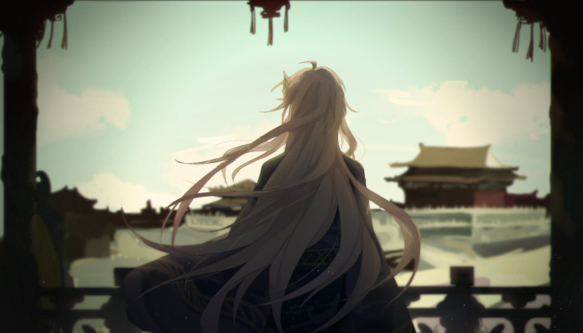 1boy, ahoge, architecture, backlighting, black_robe, brown_hair, building, chinese_clothes, chisuhuimo, clouds, cowboy_shot, day, east_asian_architecture, facing_away, from_behind, highres, lantern, long_hair, long_sleeves, male_focus, paper_lantern, railing, robe, solo, standing, the_tale_of_food, very_long_hair, wing_hair_ornament, yipin_pot_(the_tale_of_food)