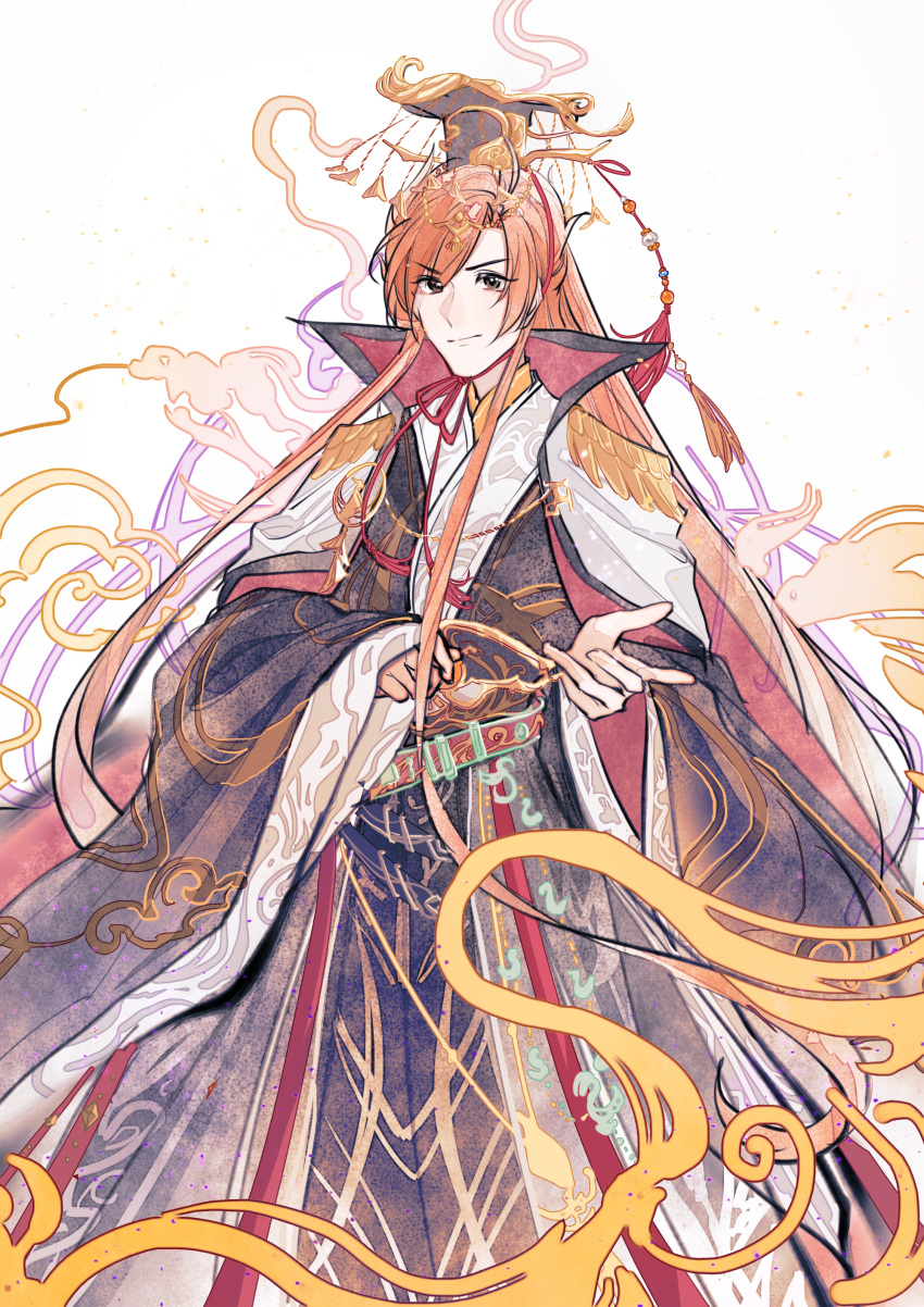 >:), 1boy, absurdres, beckoning, belt, black_robe, brown_eyes, cape