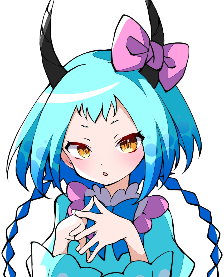 1girl, blue_hair, blush, bow, braid, commentary_request, dragon_horns, dress