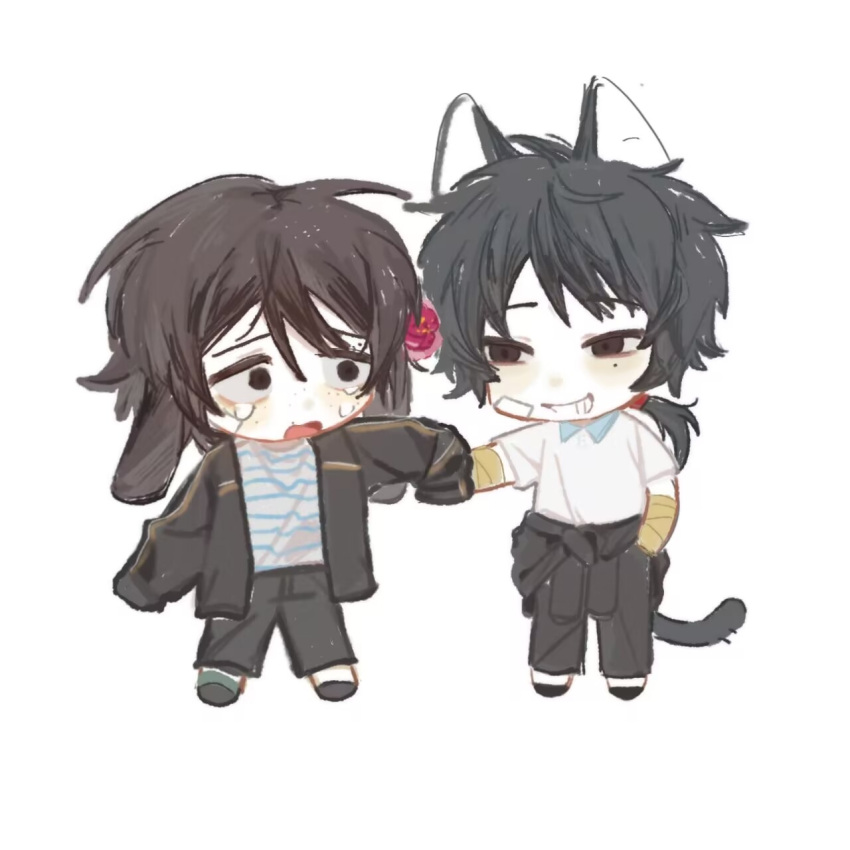 2boys, animal_ears, bandage_on_face, bandaged_arm, bandages, black_footwear, black_jacket, black_pants, cat_boy, cat_ears, cat_tail, chibi, chibi_only, chinese_commentary, clothes_around_waist, collared_shirt, commentary_request, flower, fu_shun_(touqi_guaitan), grabbing_another's_hand, green_socks, grey_shirt, hair_flower, hair_ornament, hand_in_pocket, highres, jacket, jacket_around_waist, junxiu_di_maoyi, kemonomimi_mode, lop_rabbit_ears, male_focus, mole, mole_under_eye, multiple_boys, open_clothes, open_jacket, pants, pink_flower, polo_shirt, ponytail, rabbit_boy, rabbit_ears, shirt, simple_background, single_sock, sleeves_past_fingers, sleeves_past_wrists, socks, tail, touqi_guaitan, white_background, white_shirt, ziche_fuzhao