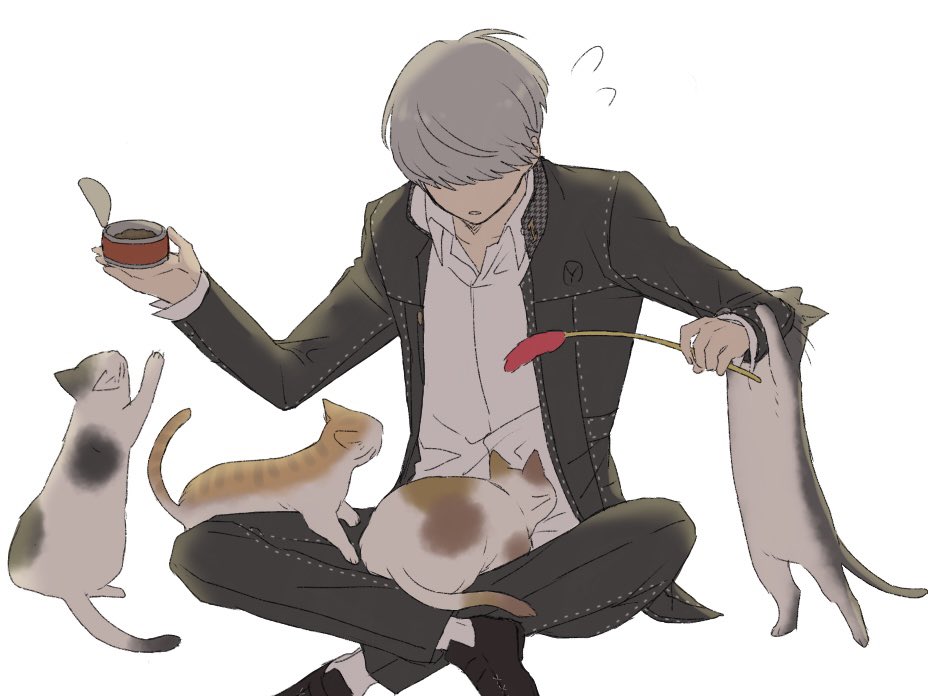 1boy, ainame_(engel571), animal, animal_on_lap, arm_up, black_footwear, black_jacket, black_pants, butterfly_sitting, can, cat, cat_on_lap, cat_teaser, collared_jacket, collared_shirt, commentary, dress_shirt, flying_sweatdrops, foot_out_of_frame, grey_hair, hair_over_eyes, hanging_on_arm, holding, holding_can, holding_cat_teaser, jacket, layered_clothes, layered_sleeves, long_sleeves, male_focus, multicolored_cat, multiple_cats, narukami_yuu, on_lap, open_collar, pants, parted_lips, paw_up, persona, persona_4, pet_food, reaching, school_uniform, shirt, shoes, simple_background, sitting, socks, solo, sweatdrop, white_background, white_shirt, white_socks, wing_collar, yasogami_school_uniform