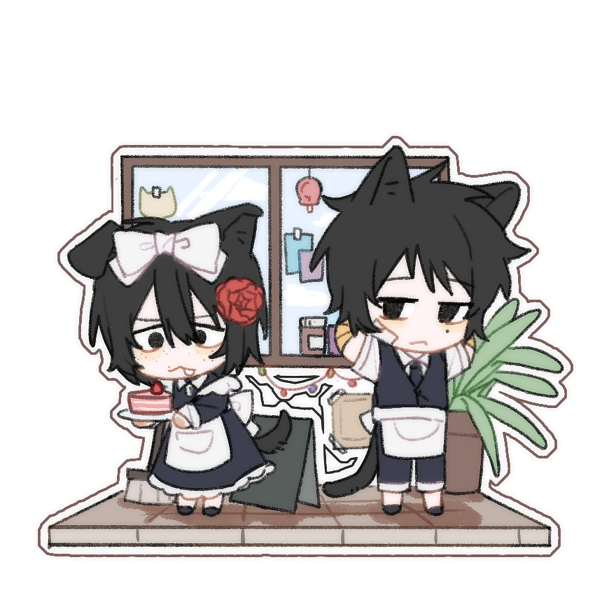 2boys, :<, alternate_costume, animal_ears, apron, arms_behind_back, black_dress, black_eyes