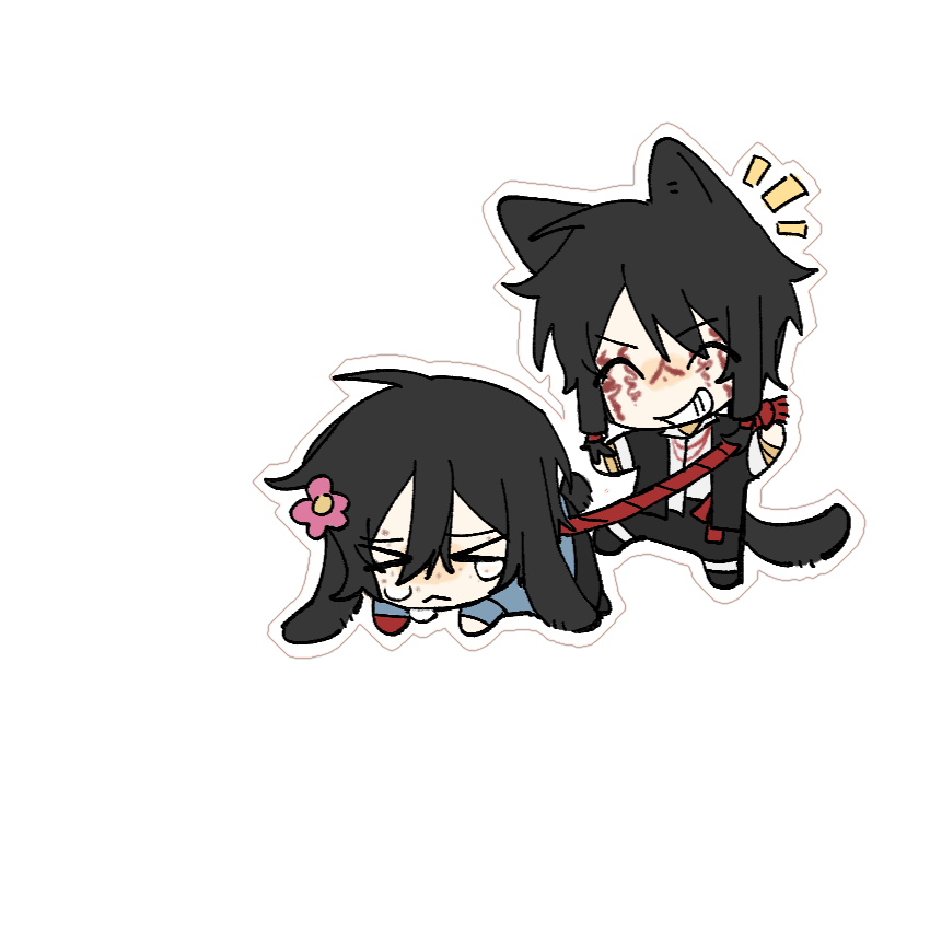 >_<, 2boys, :<, animal_ears, black_hair, black_jacket, black_pants, blue_shirt