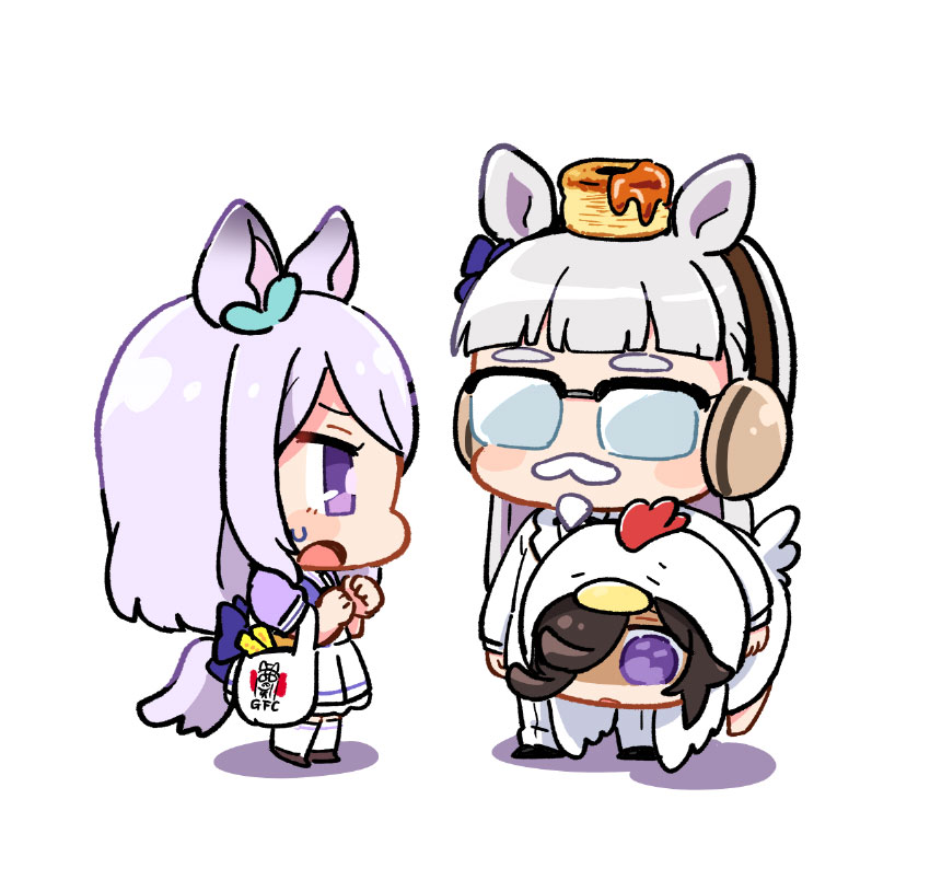 3girls, alternate_costume, animal_ears, biscuit_(bread), black-framed_eyewear, blunt_bangs, bow, brand_name_imitation