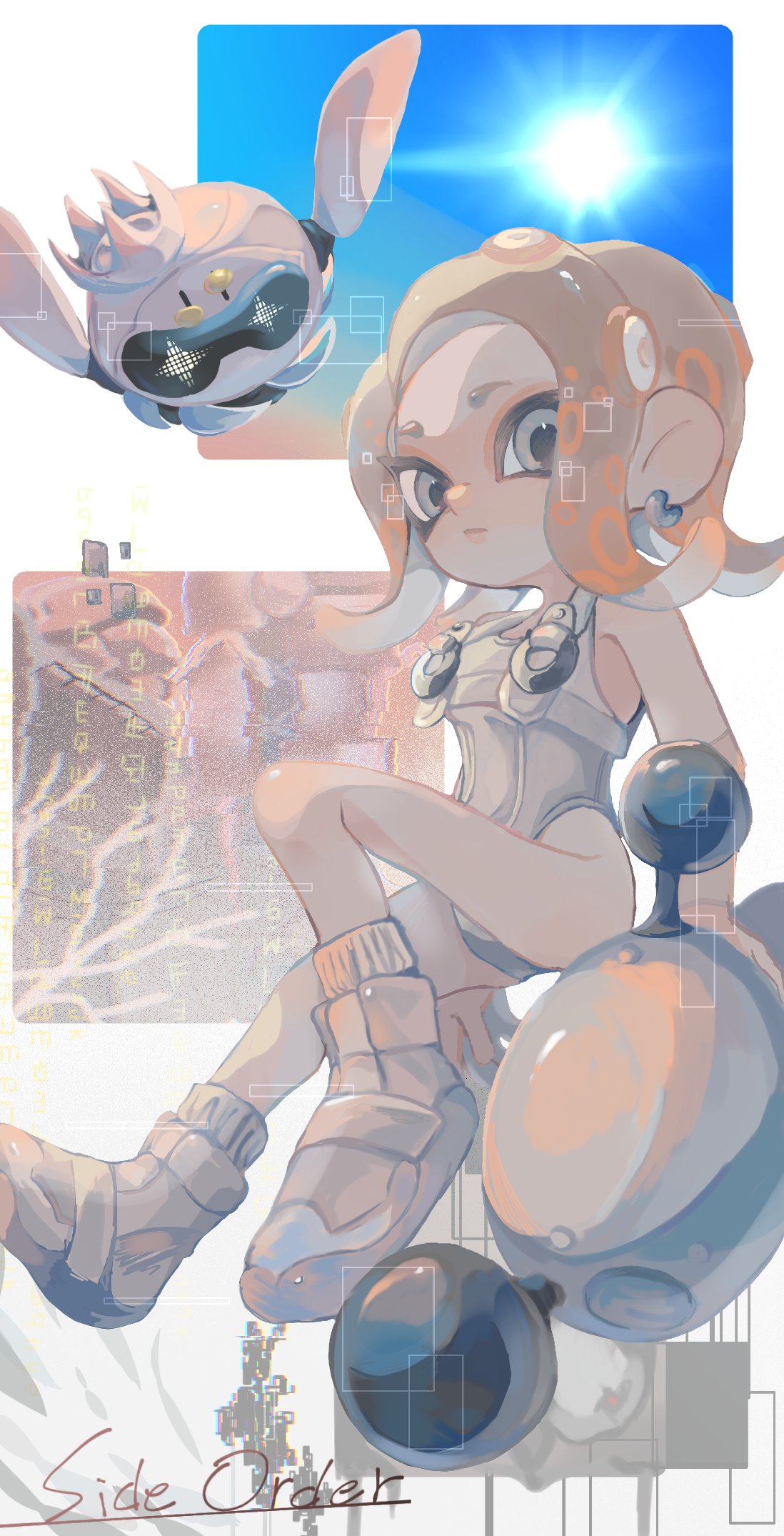 1girl, agent_8_(splatoon), bodysuit, commentary_request, drone, grey_eyes, grey_hair, gun, highres, holding, holding_gun, holding_weapon, medium_hair, mitamo1295701, non-humanoid_robot, octoling, octoling_girl, octoling_player_character, order_blaster_(splatoon), pearl_drone_(splatoon), robot, sleeveless, sleeveless_bodysuit, splatoon_(series), splatoon_3, splatoon_3:_side_order, tentacle_hair, weapon, white_bodysuit