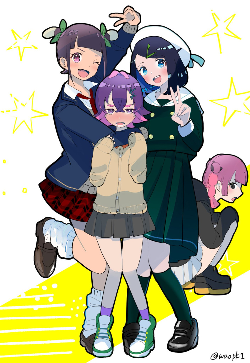 ann_(pokemon), black_hair, blue_eyes, blunt_bangs, blush, bow, brown_jacket, coral_(pokemon)
