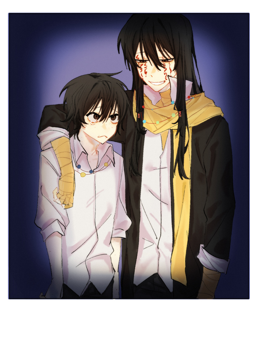 2boys, :<, arm_around_shoulder, bandaged_arm, bandaged_neck, bandages, black_eyes, black_hair