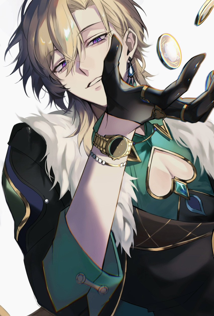 1boy, aegyo_sal, aventurine_(honkai:_star_rail), black_gloves, blonde_hair, cleavage_cutout, clothing_cutout, coin, curtained_hair, earrings, facing_viewer, fur-trimmed_jacket, fur_trim, gloves, hand_up, hashtag-only_commentary, highres, honkai:_star_rail, honkai_(series), jacket, jewelry, looking_at_viewer, male_focus, medium_hair, multicolored_clothes, multiple_rings, open_hand, open_mouth, pectoral_cleavage, pectorals, ring, simple_background, single_earring, sleeves_past_elbows, sn07_mjnk, solo, upper_body, violet_eyes, watch, watch, white_background