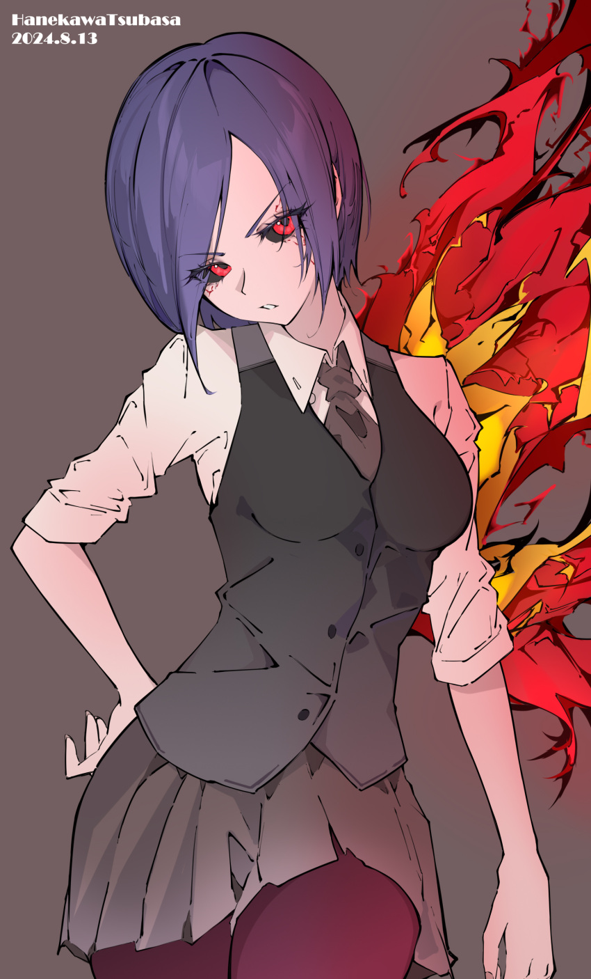 1girl, absurdres, artist_name, black_sclera, black_vest, blue_hair, brown_necktie, brown_pantyhose