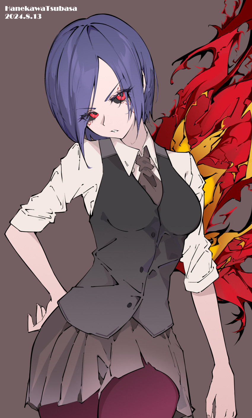 1girl, absurdres, artist_name, black_sclera, black_vest, blue_hair, brown_necktie, brown_pantyhose, brown_skirt, collared_shirt, colored_sclera, contrapposto, cowboy_shot, dated, frown, hanekawatsubasa-56, highres, kagune_(tokyo_ghoul), kirishima_touka, miniskirt, necktie, pantyhose, pleated_skirt, red_background, red_eyes, shirt, short_hair, short_sleeves, simple_background, skirt, solo, spilling, tokyo_ghoul, vest, white_shirt