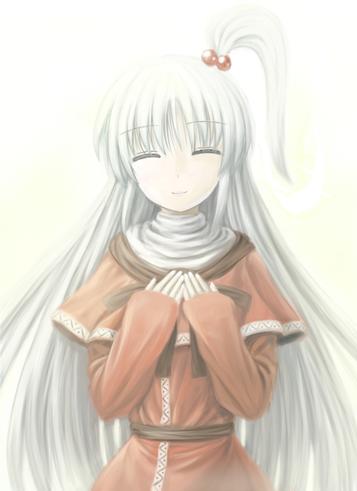ahoge, blue_hair, capelet, closed_eyes, long_hair, shinki, side_ponytail, silver_hair