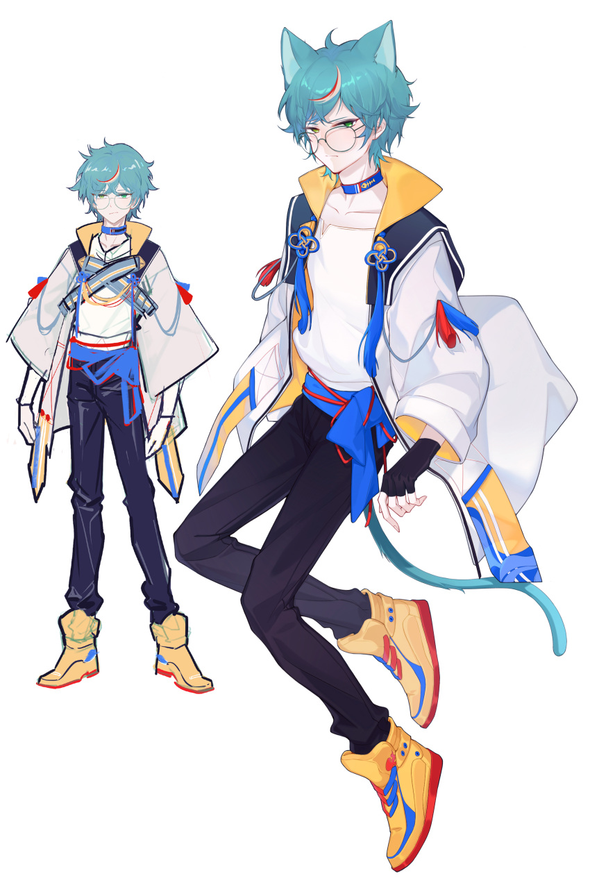 1boy, :/, absurdres, animal_ears, aqua_hair, black_gloves, black_pants, black_sailor_collar, blue_choker, blue_sash, cat_boy, cat_ears, cat_tail, choker, coat, collarbone, crossed_bangs, extra_ears, fingerless_gloves, flower_knot, frown, full_body, glasses, gloves, green_eyes, high_tops, highres, kokawaamon, long_sleeves, looking_at_viewer, male_focus, multicolored_hair, multiple_views, notched_neckline, open_clothes, open_coat, original, pants, redhead, sailor_collar, sash, shirt, shoes, short_hair, simple_background, sneakers, standing, streaked_hair, tail, tassel, variations, white_background, white_coat, white_shirt, yellow_footwear