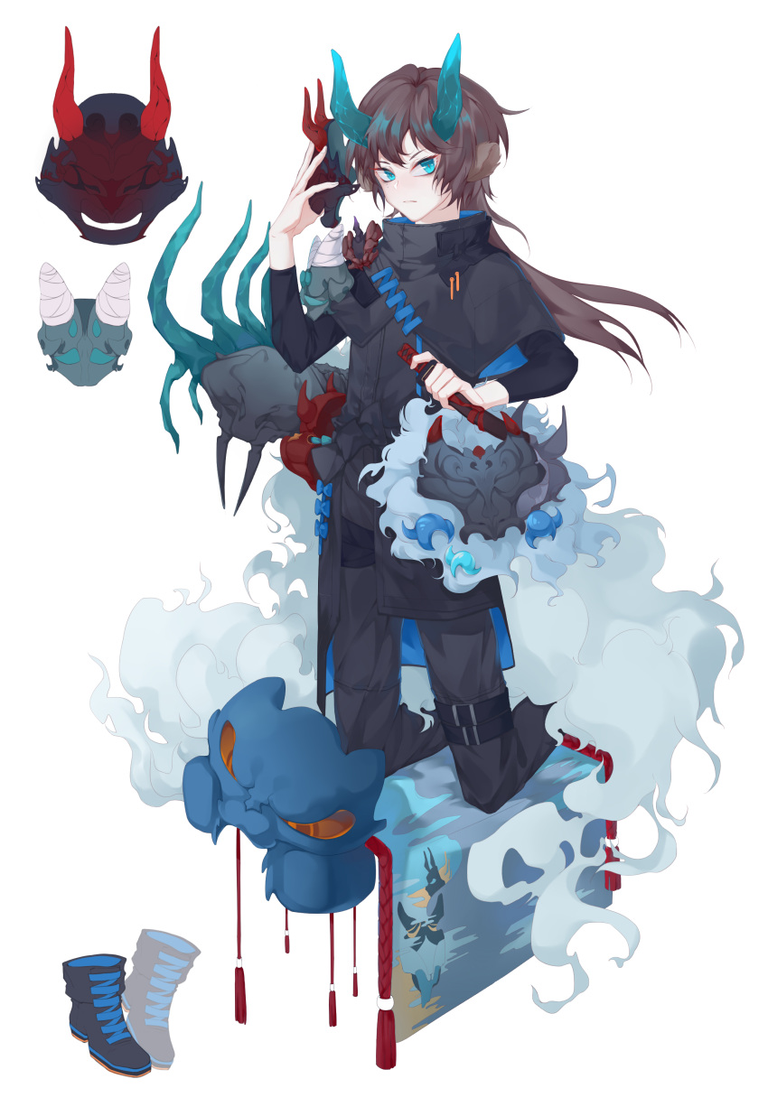 1boy, :|, absurdres, animal_ears, aqua_eyes, aqua_horns, armor, black_footwear